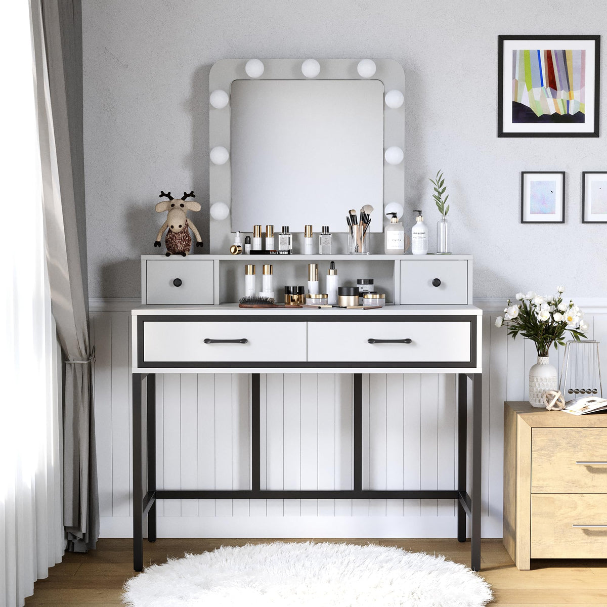 White Vanity Desk with Lighted Mirror and 4 Drawers P37362