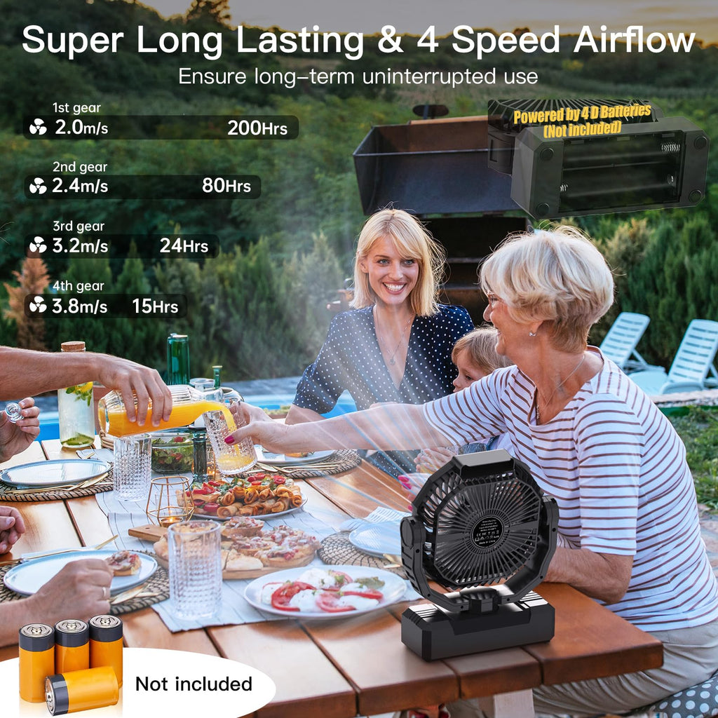 Battery Operated Portable Camping Fan with 4 Speeds, Light, Timer, Remote - Black A58009