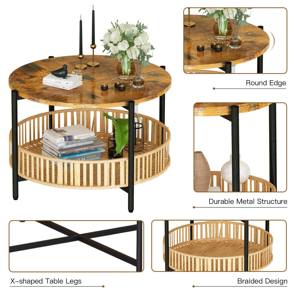 3 Pieces 2 Tier Round Rattan Coffee Table Set with Metal Frame G669