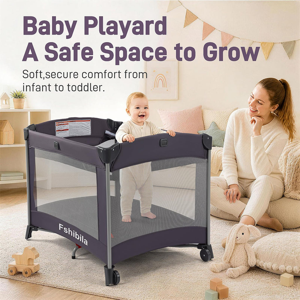4-in-1 Portable Baby Playard with Bassinet and Changing Table, Black Y111