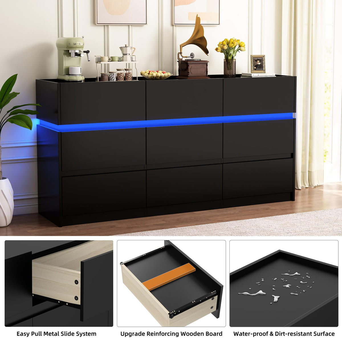Black 9 Drawer Dresser with Charging Station and LED Lights K890860