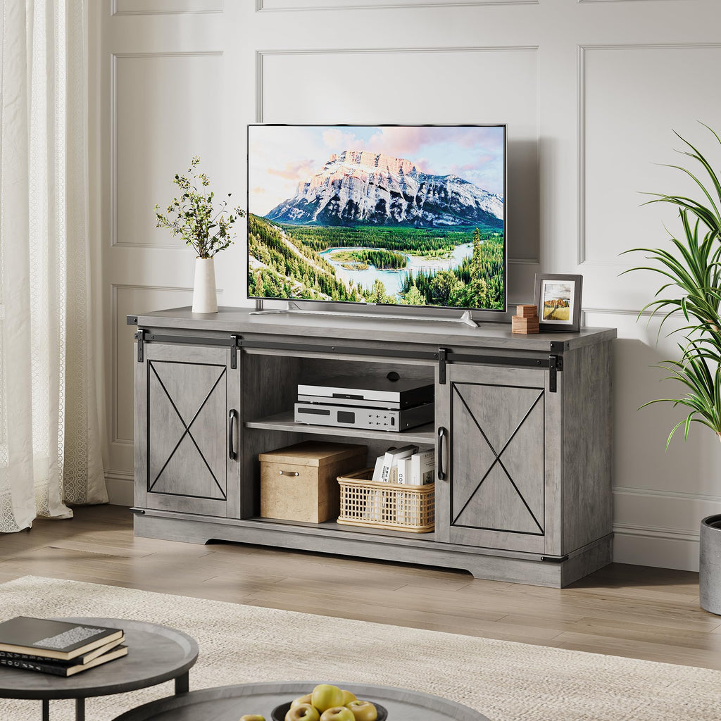 59" Farmhouse TV Stand with Sliding Barn Doors & Adjustable Shelves, Gray P82414