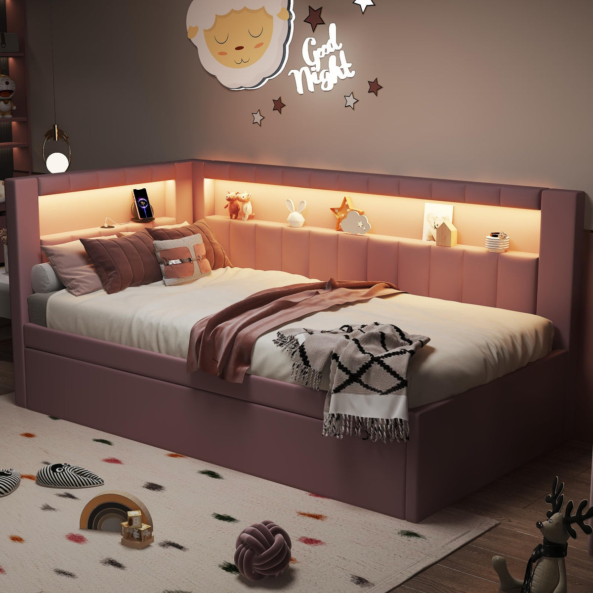 Twin Size Upholstered Platform Bed with Trundle and USB Ports K536541