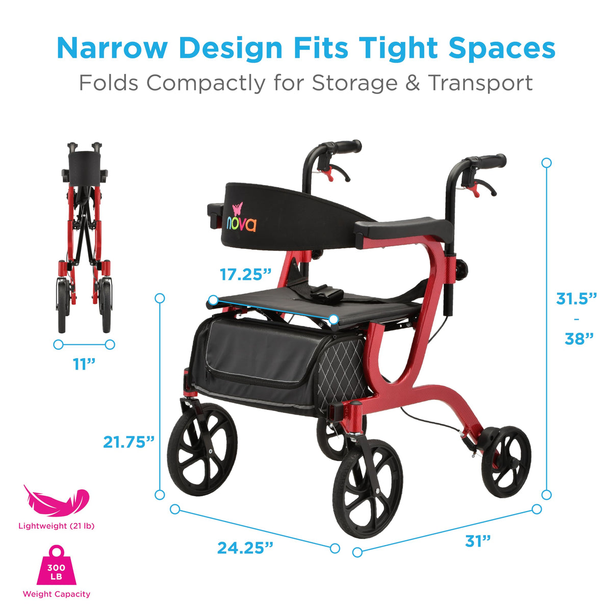 2-in-1 Folding Rollator Walker & Transport Chair with 10” Front Wheels P776586