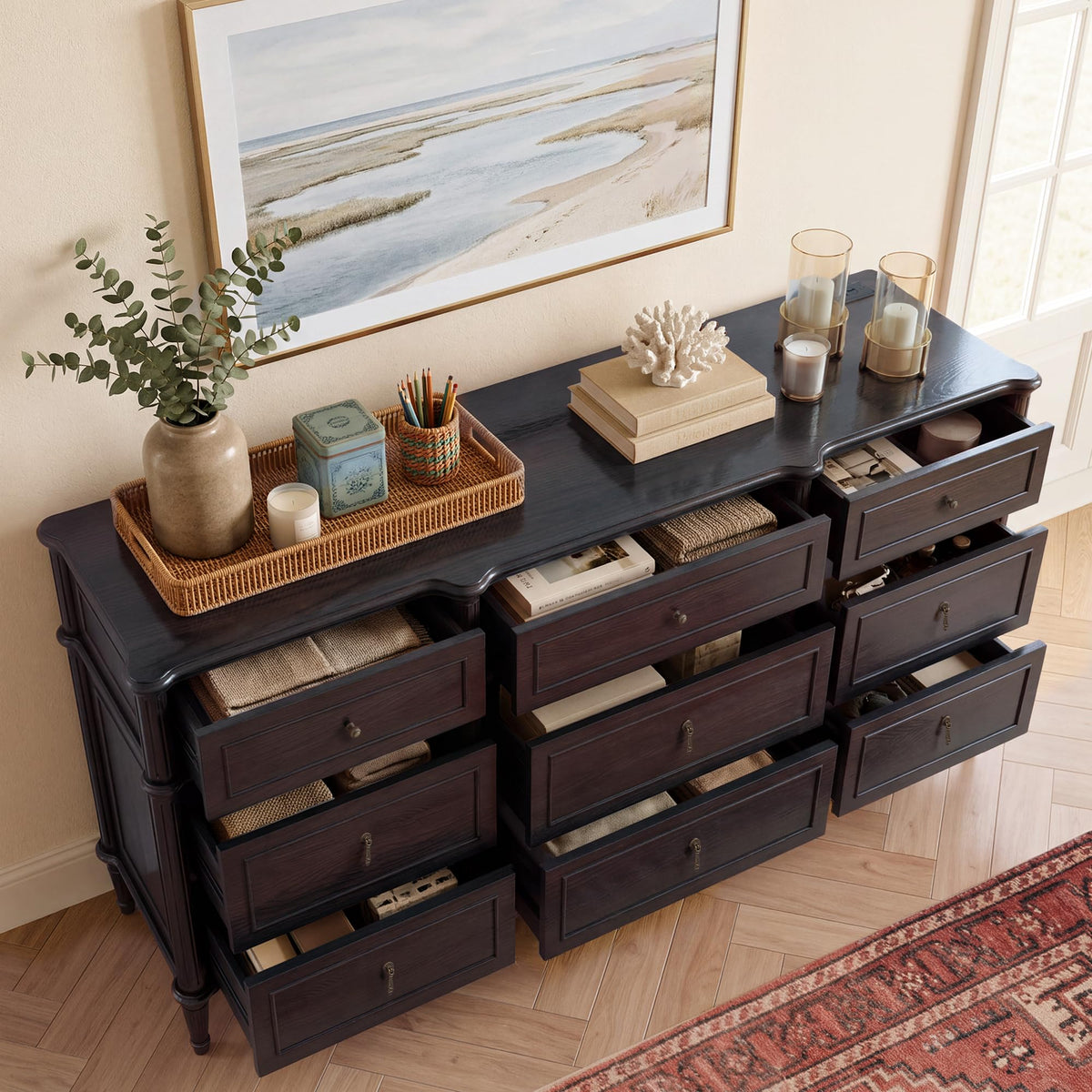 63" 9-Drawer Wood Dresser with Power Outlet, Black M7484