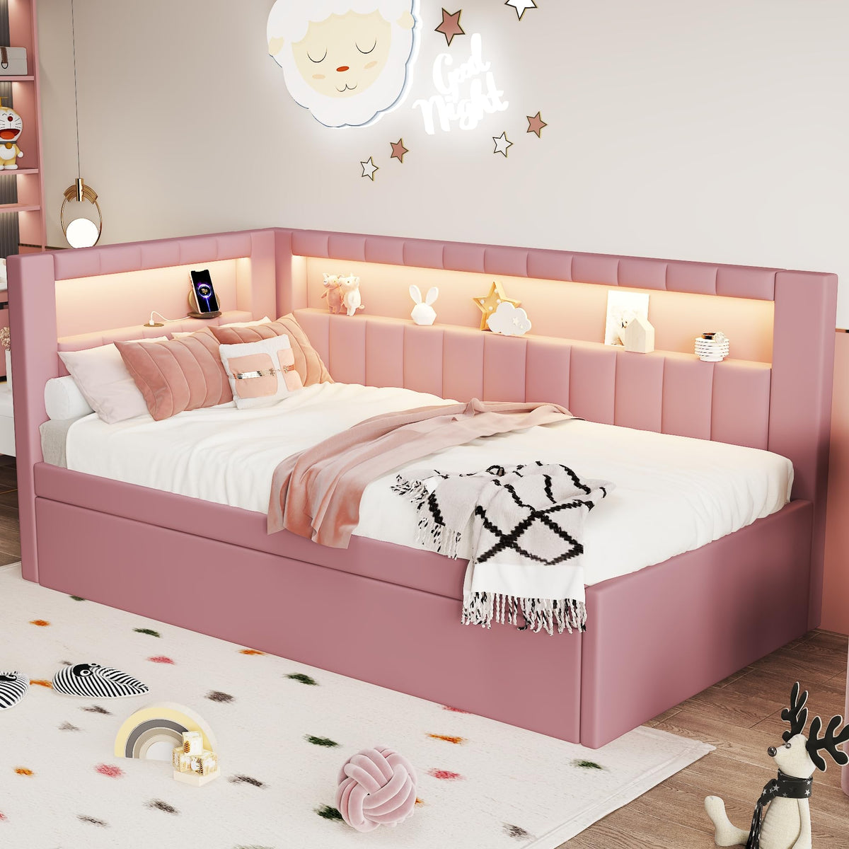 Twin Size Upholstered Platform Bed with Trundle and USB Ports K536541