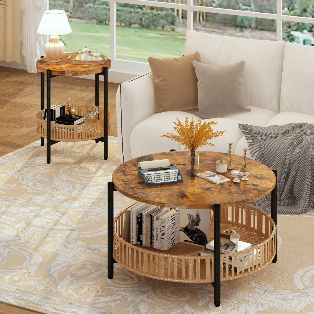 3 Pieces 2 Tier Round Rattan Coffee Table Set with Metal Frame G669