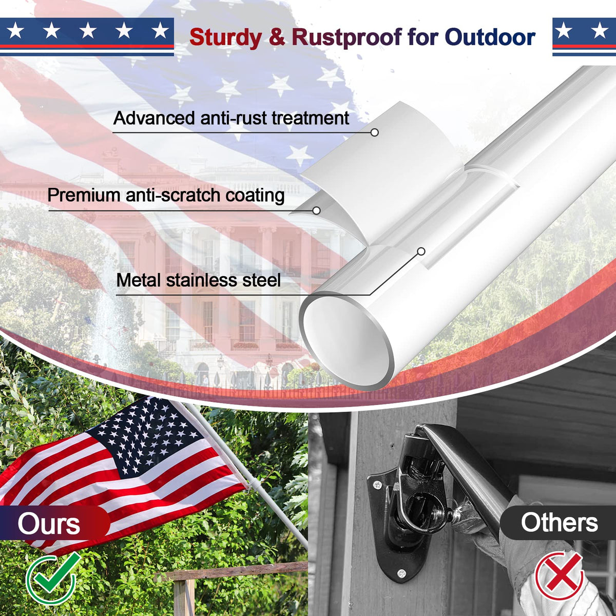 5ft White Tangle Free Flag Pole with 3x5 Embroidered US Flag A66895