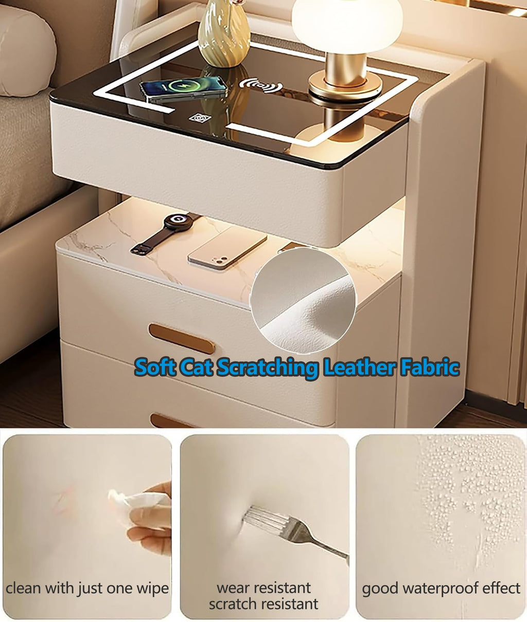 Smart Nightstand with 2 Storage Drawer, Wireless Charging Station, 3-Color Adjustable LED Light, Solid Wood Side Table X669110