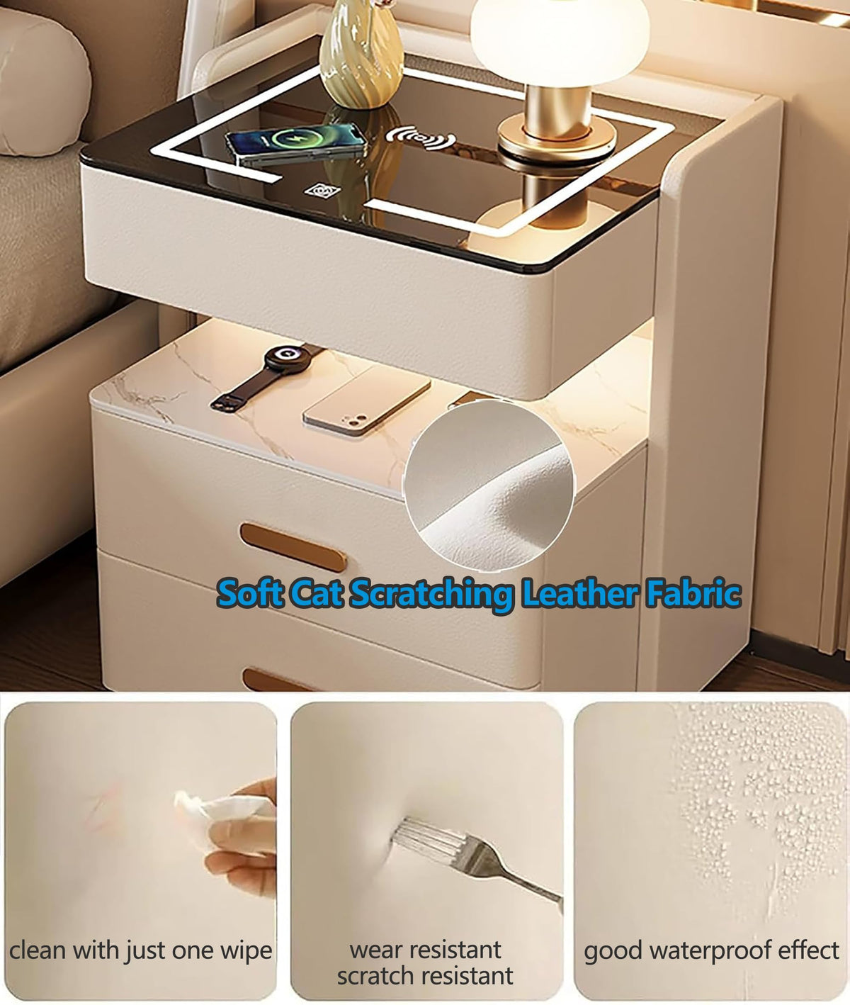 Smart Nightstand with 2 Storage Drawer, Wireless Charging Station, 3-Color Adjustable LED Light, Solid Wood Side Table X669110