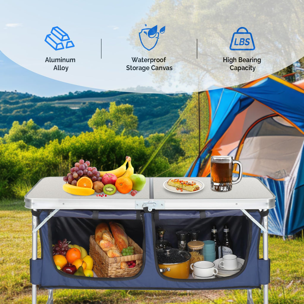 Folding Camping Table with Storage, 3 Height Adjustable, Lightweight, 4 Ft Aluminum J332
