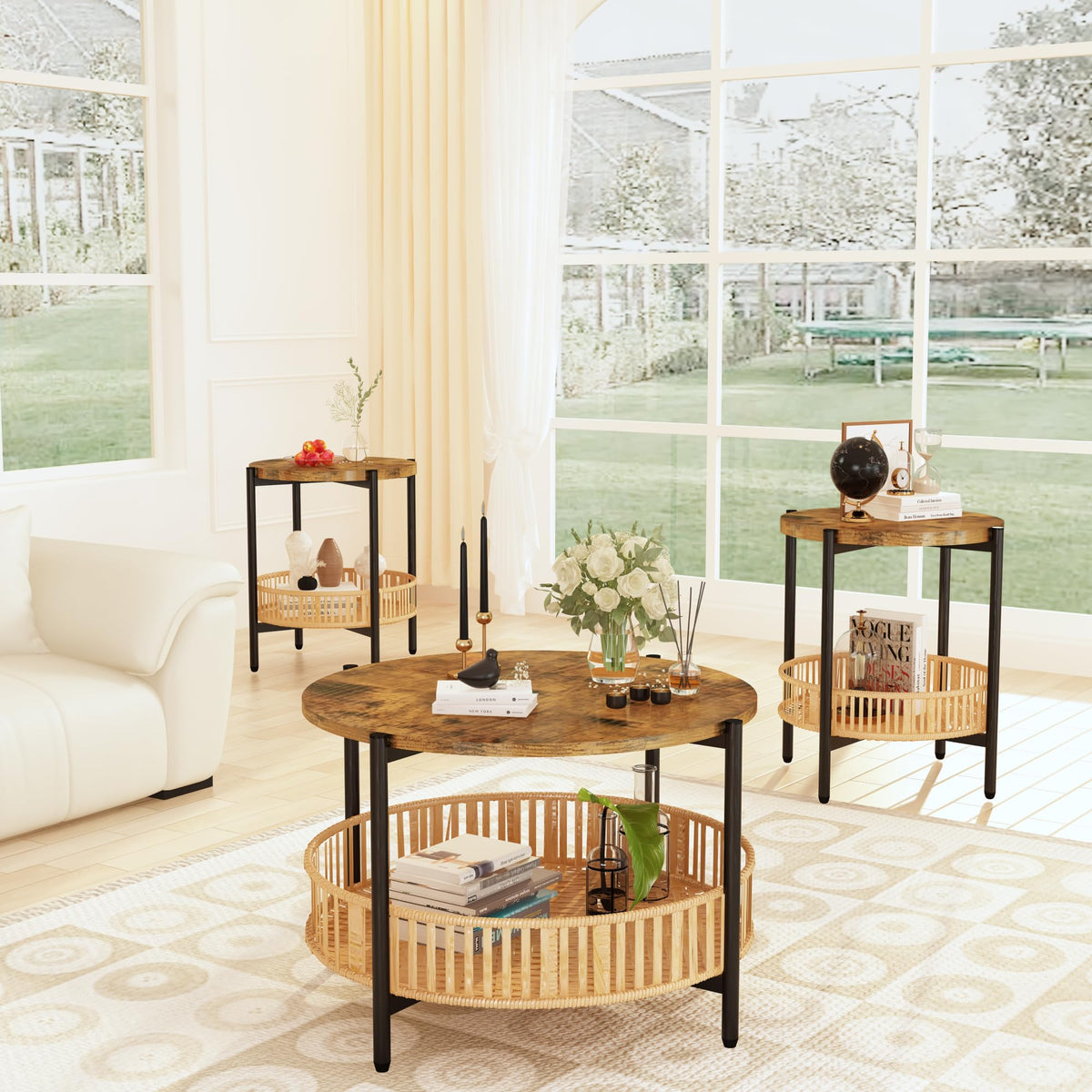 3 Pieces 2 Tier Round Rattan Coffee Table Set with Metal Frame G669