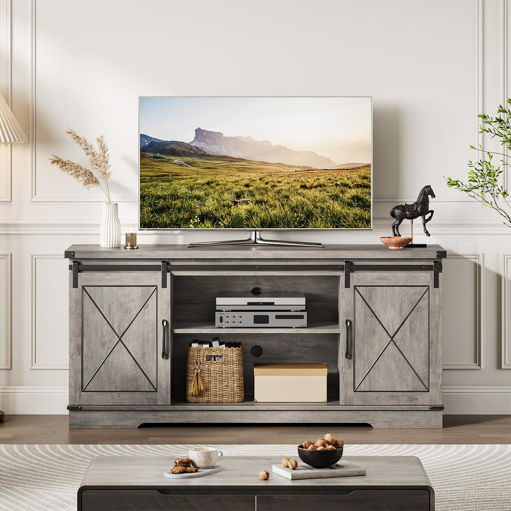 59" Farmhouse TV Stand with Sliding Barn Doors & Adjustable Shelves, Gray P82414
