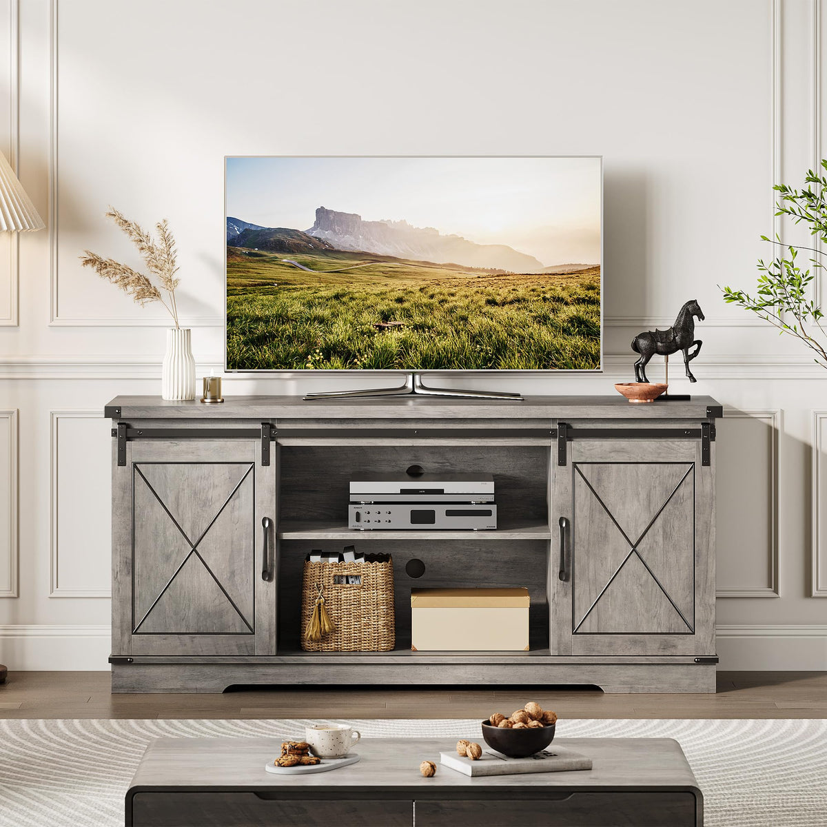 59" Farmhouse TV Stand with Sliding Barn Doors & Adjustable Shelves, Gray P82414