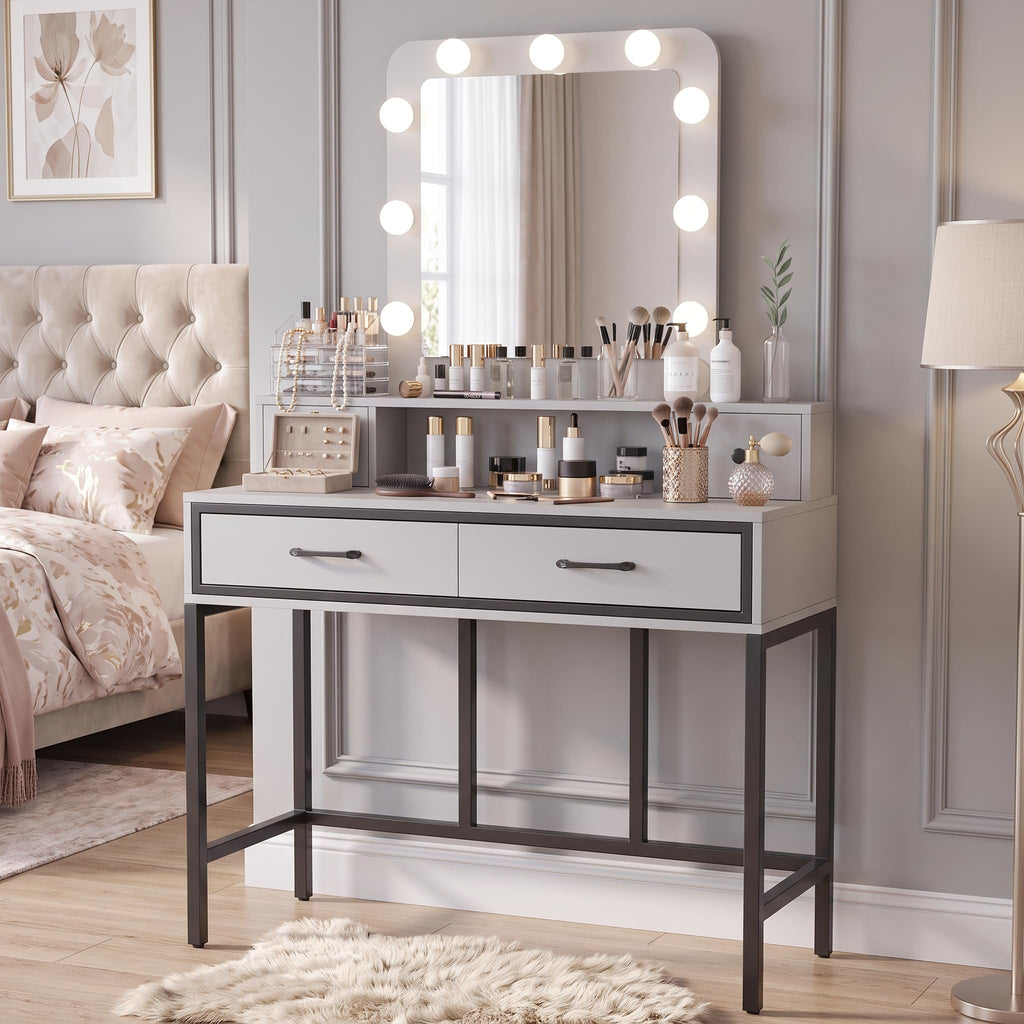 White Vanity Desk with Lighted Mirror and 4 Drawers P37362