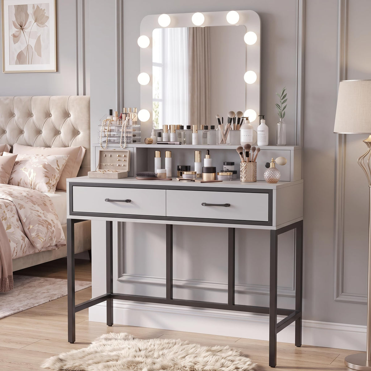 White Vanity Desk with Lighted Mirror and 4 Drawers P37362
