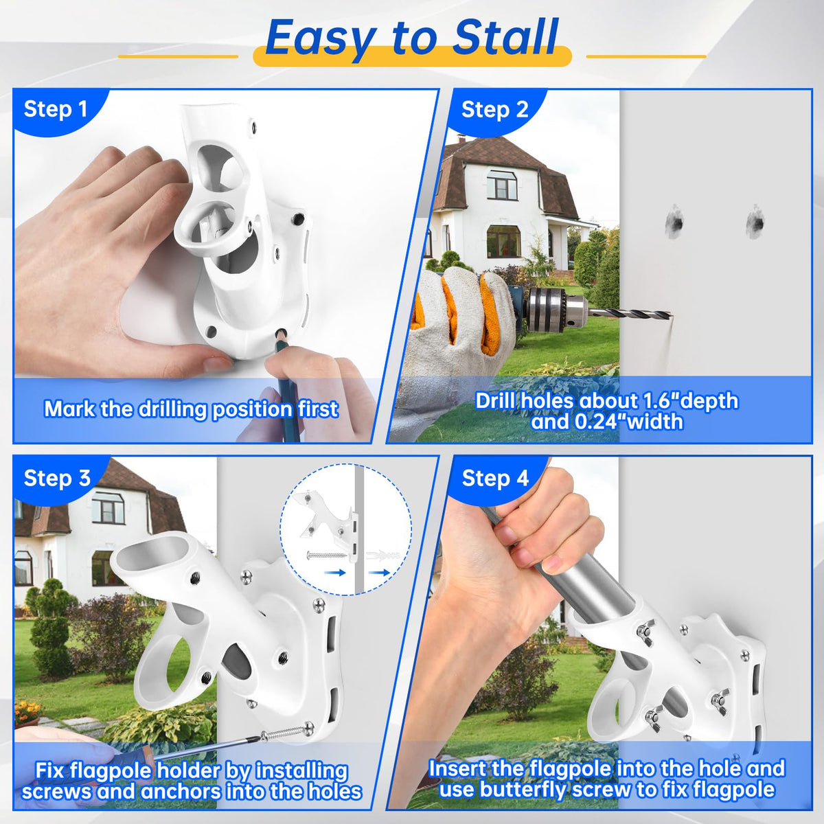 Flag Pole Holder Heavy-Duty Aluminum 1" Inner Diameter 2 Positions White 2 Pack X526