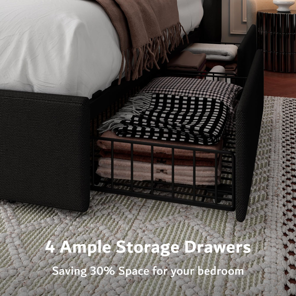 Black Queen Upholstered Platform Bed Frame with 4 Storage Drawers R30910