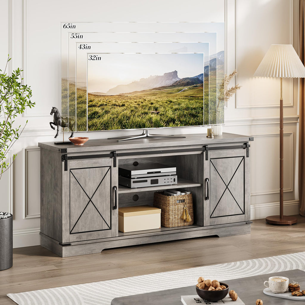 59" Farmhouse TV Stand with Sliding Barn Doors & Adjustable Shelves, Gray P82414