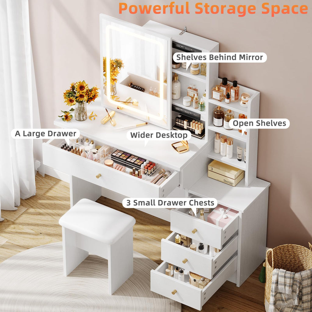 White Makeup Vanity Desk with Sliding Mirror & 4 Drawers V848