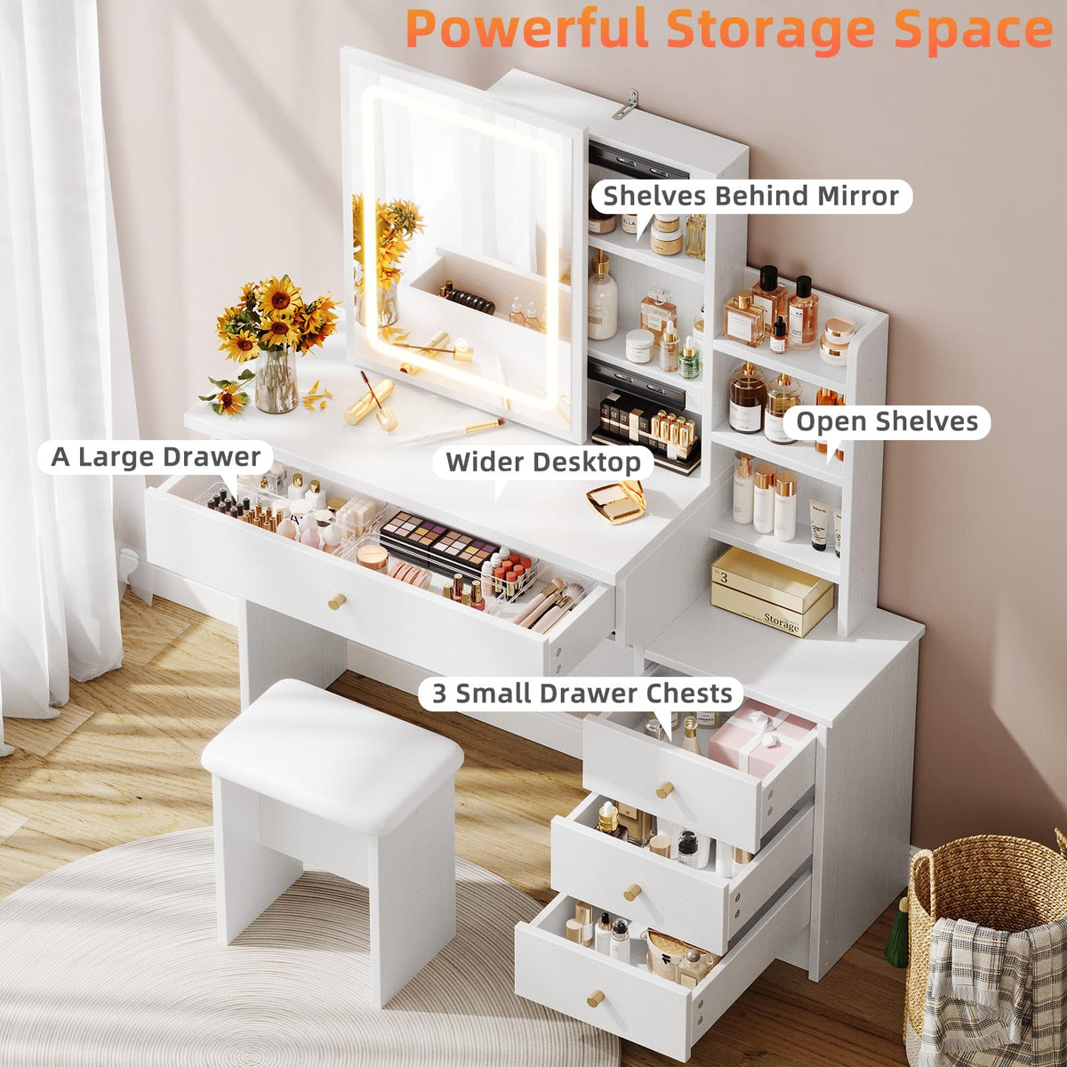 White Makeup Vanity Desk with Sliding Mirror & 4 Drawers V848