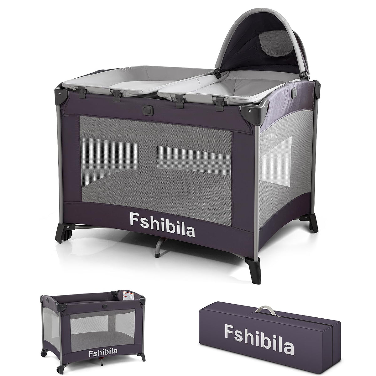 4-in-1 Portable Baby Playard with Bassinet and Changing Table, Black Y111