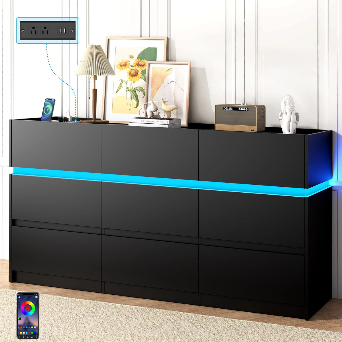 Black 9 Drawer Dresser with Charging Station and LED Lights K890860