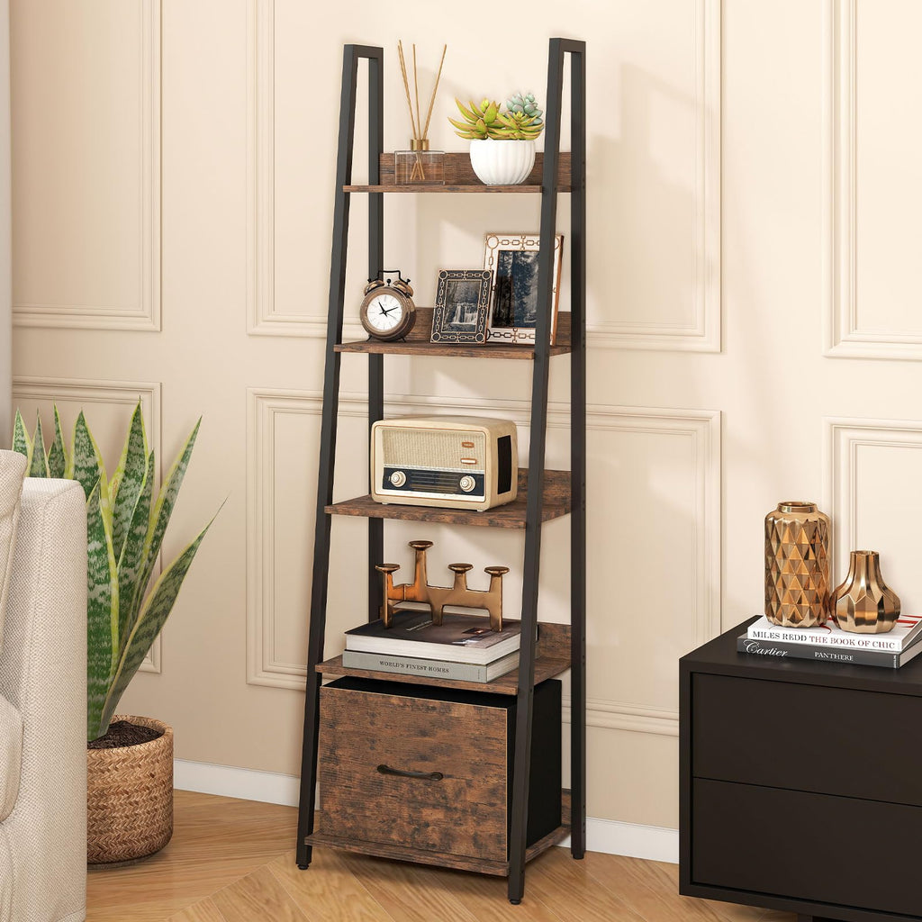 5-Tier Ladder Bookshelf with Fabric Drawer G33805