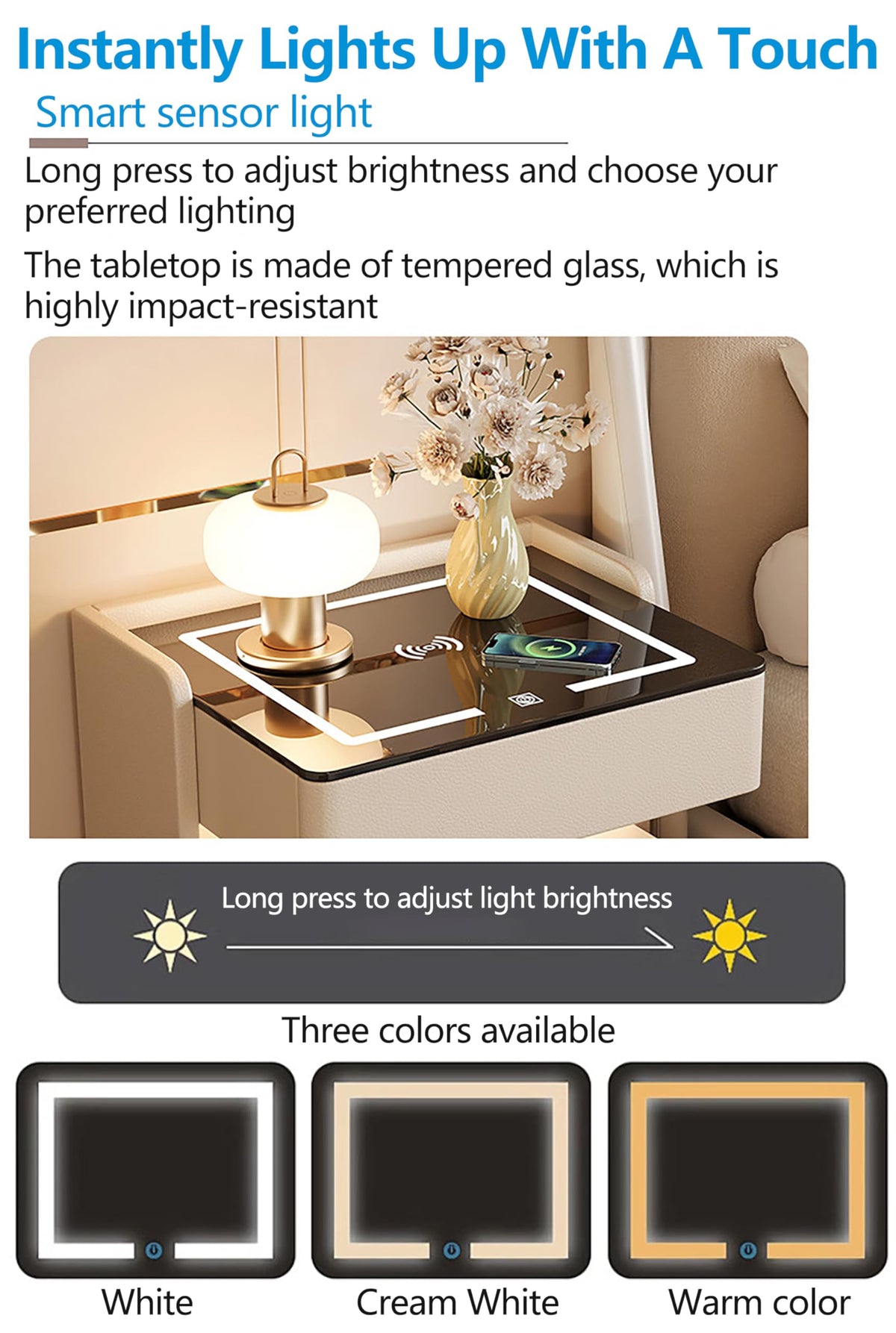 Smart Nightstand with 2 Storage Drawer, Wireless Charging Station, 3-Color Adjustable LED Light, Solid Wood Side Table X669110