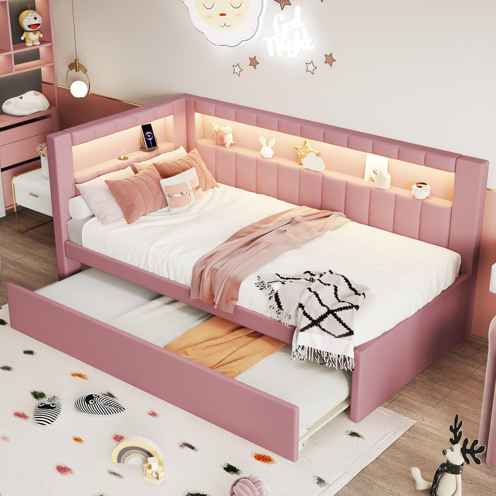 Twin Size Upholstered Platform Bed with Trundle and USB Ports K536541