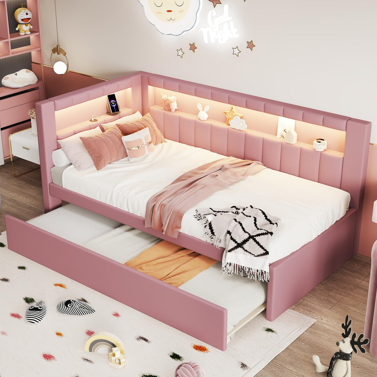 Twin Size Upholstered Platform Bed with Trundle and USB Ports K536541
