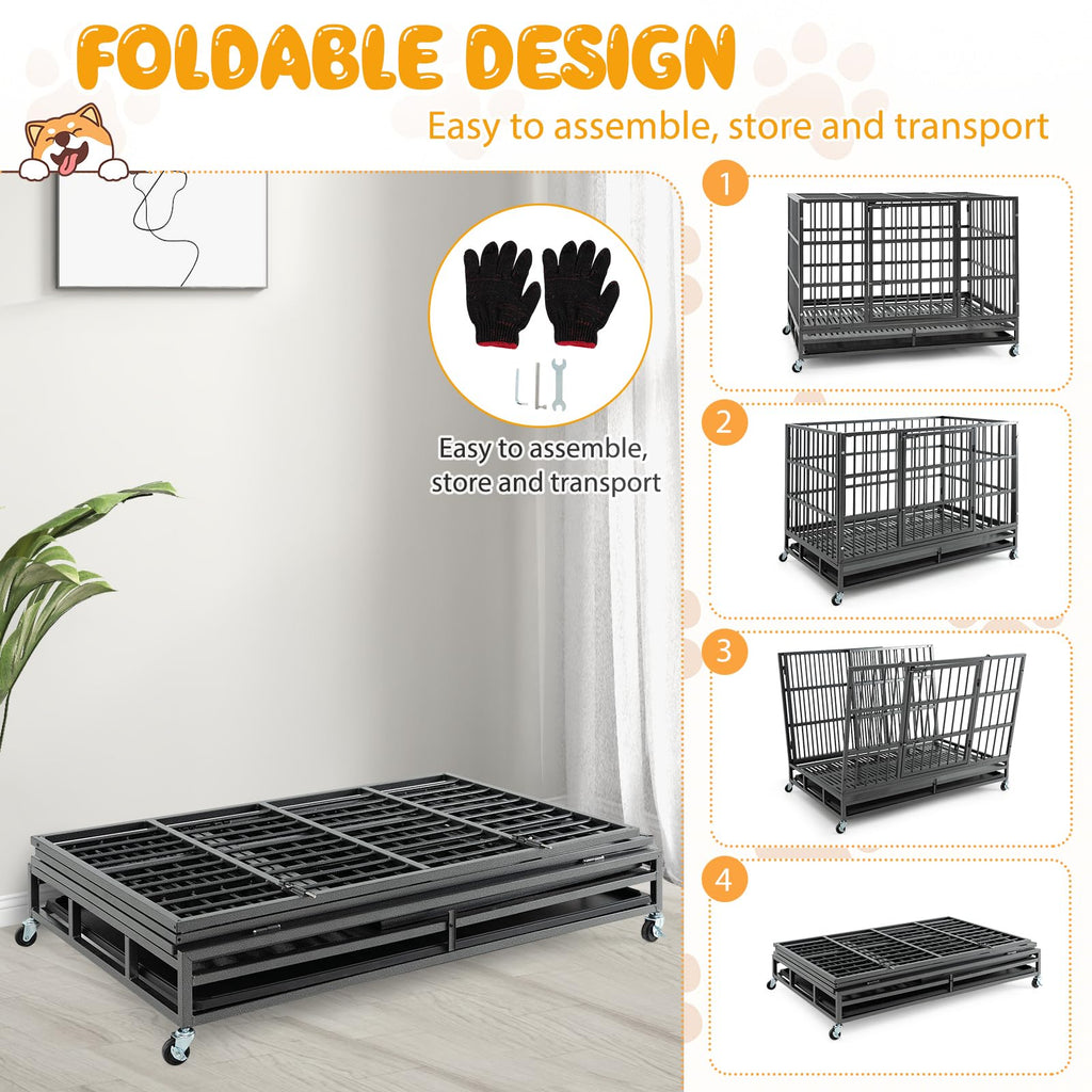 48 Inch Heavy-Duty Metal Dog Crate with Lockable Wheels N29307