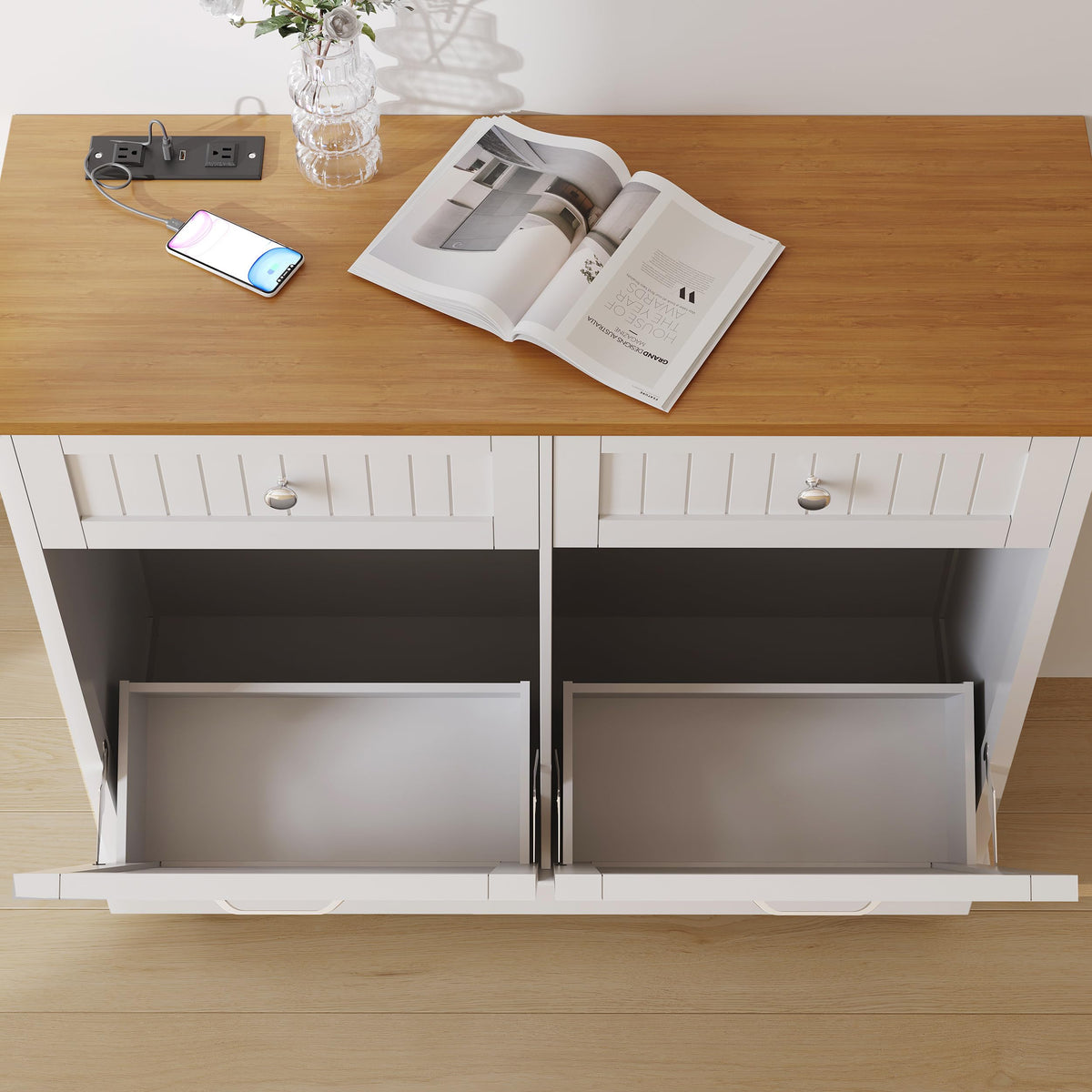 White 20 Gallon Tilt Out Trash Cabinet with Drawer N5125