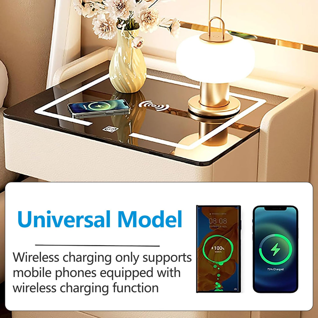 Smart Nightstand with 2 Storage Drawer, Wireless Charging Station, 3-Color Adjustable LED Light, Solid Wood Side Table X669110