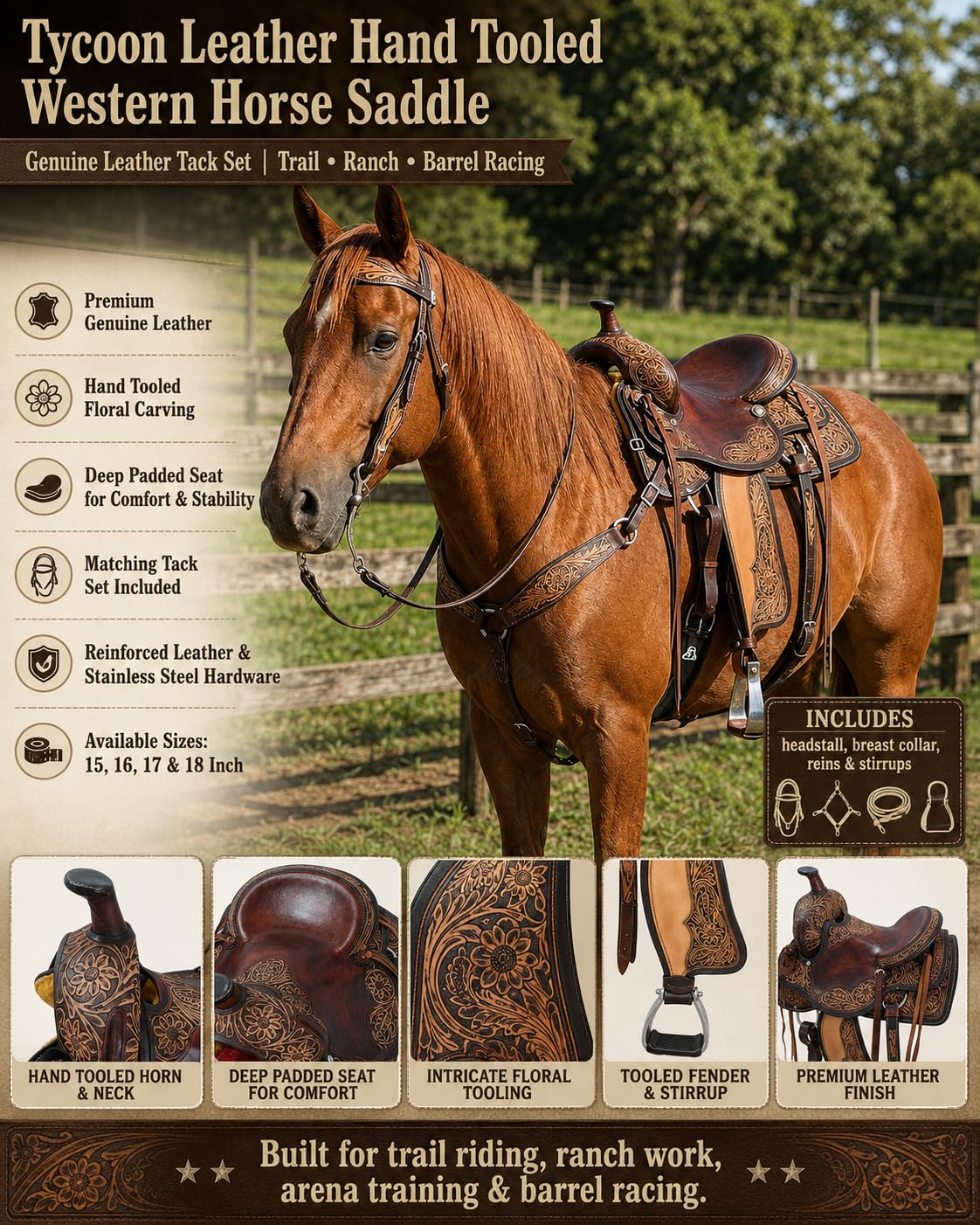 Hand Tooled Genuine Leather Western Horse Saddle with Tack Set 15-18 Inch P6388