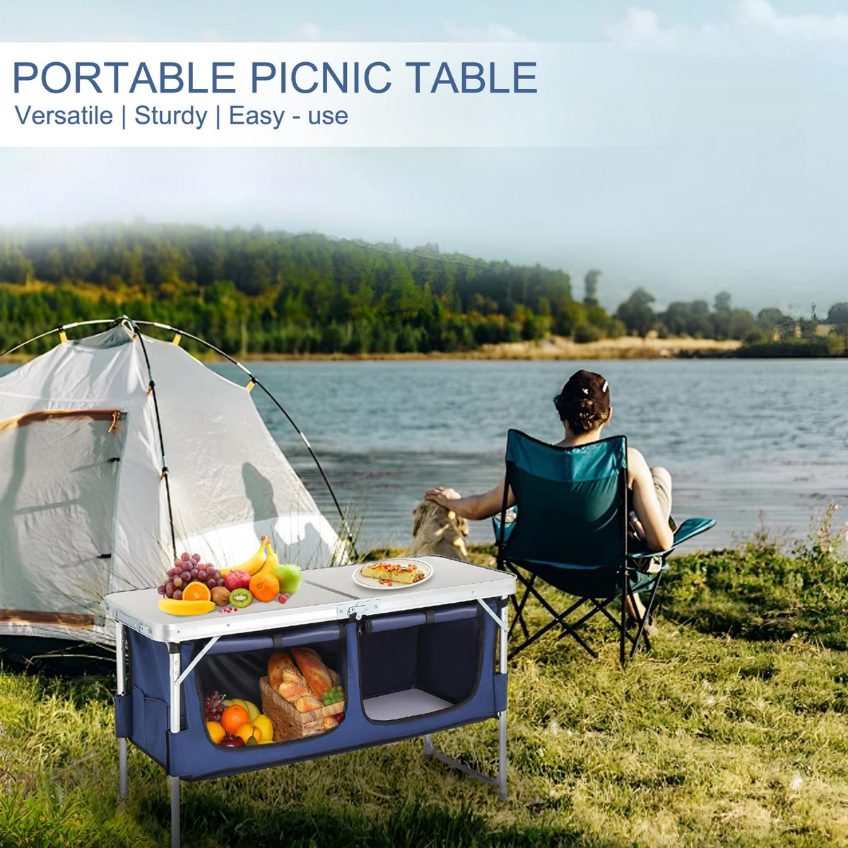 Folding Camping Table with Storage, 3 Height Adjustable, Lightweight, 4 Ft Aluminum J332