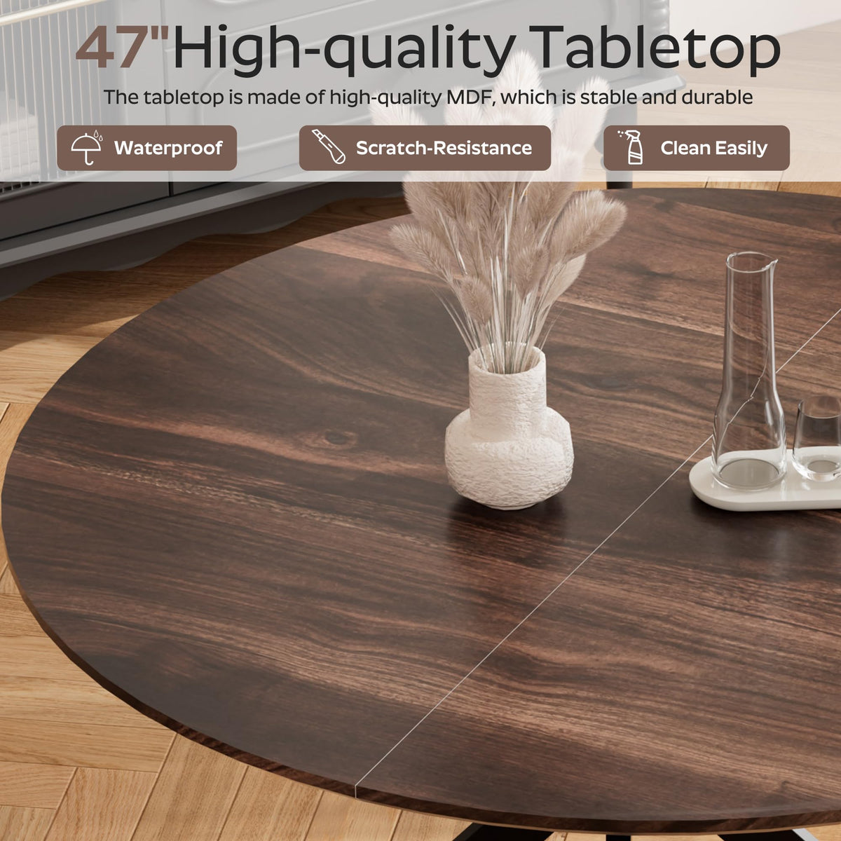 47" Walnut Round Dining Table Set for 4 with 4 Black Upholstered Chairs D21776