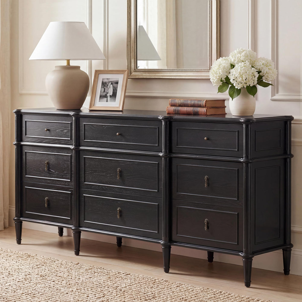 63" 9-Drawer Wood Dresser with Power Outlet, Black M7484