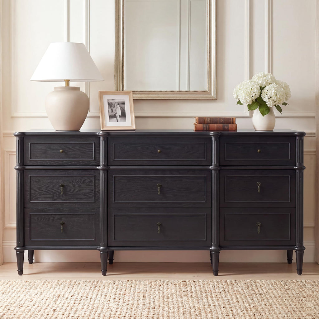 63" 9-Drawer Wood Dresser with Power Outlet, Black M7484