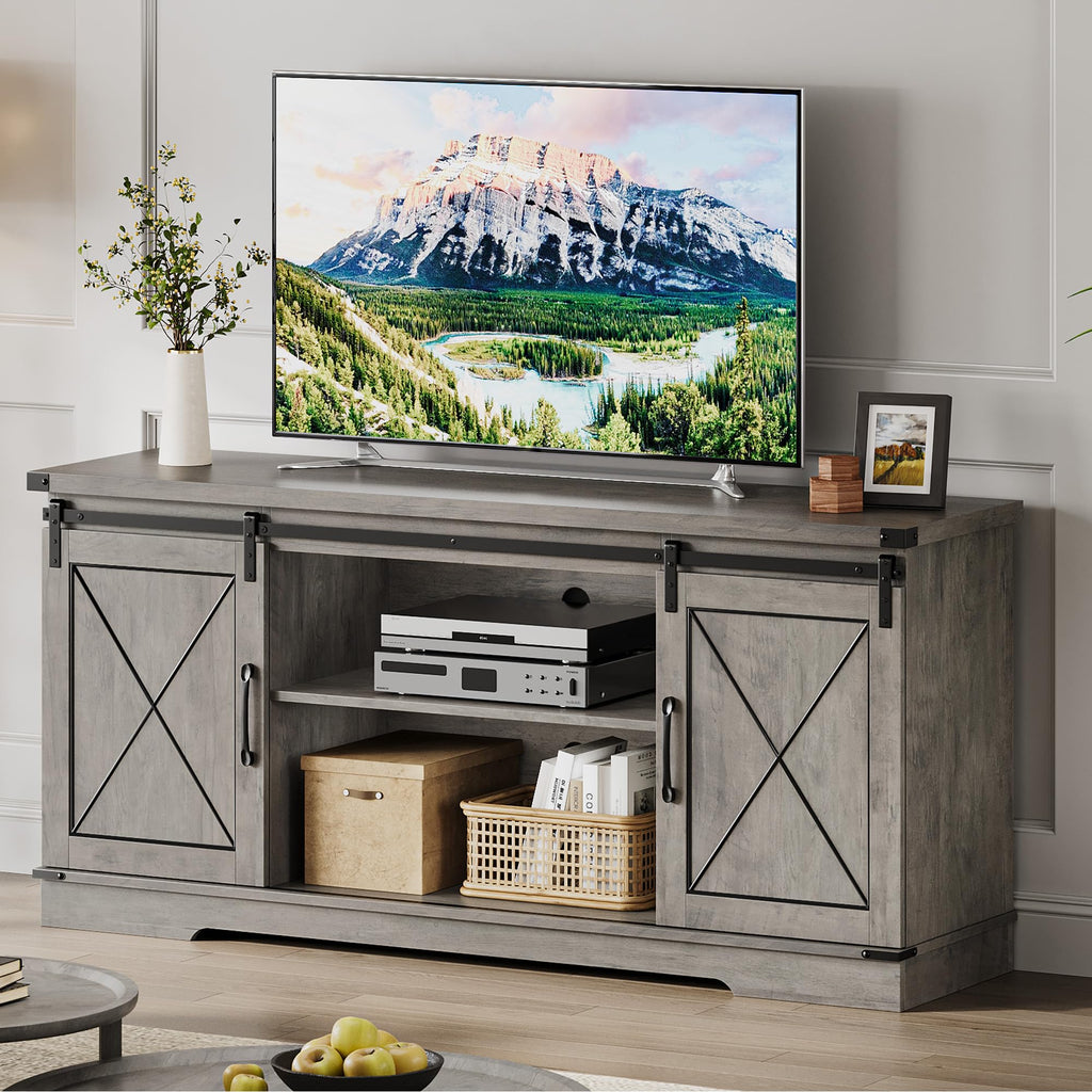 59" Farmhouse TV Stand with Sliding Barn Doors & Adjustable Shelves, Gray P82414