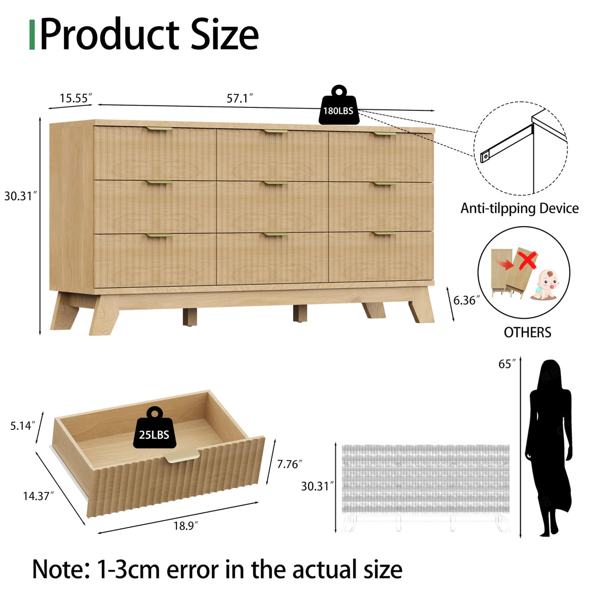 Natural Oak 9 Drawer Fluted Wood Dresser L851470