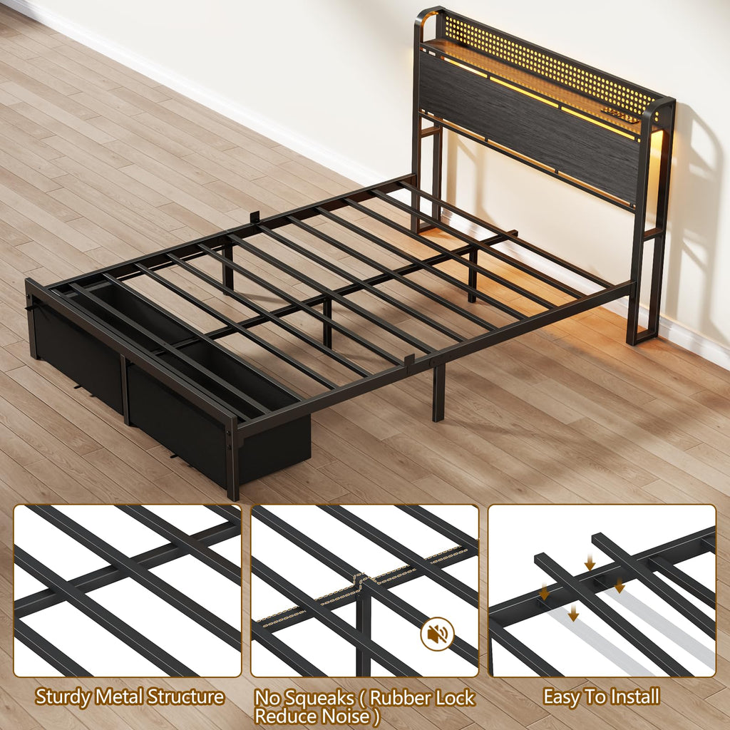 Full Size Bed Frame with Headboard, Charging Station, 2 Storage Drawers L987