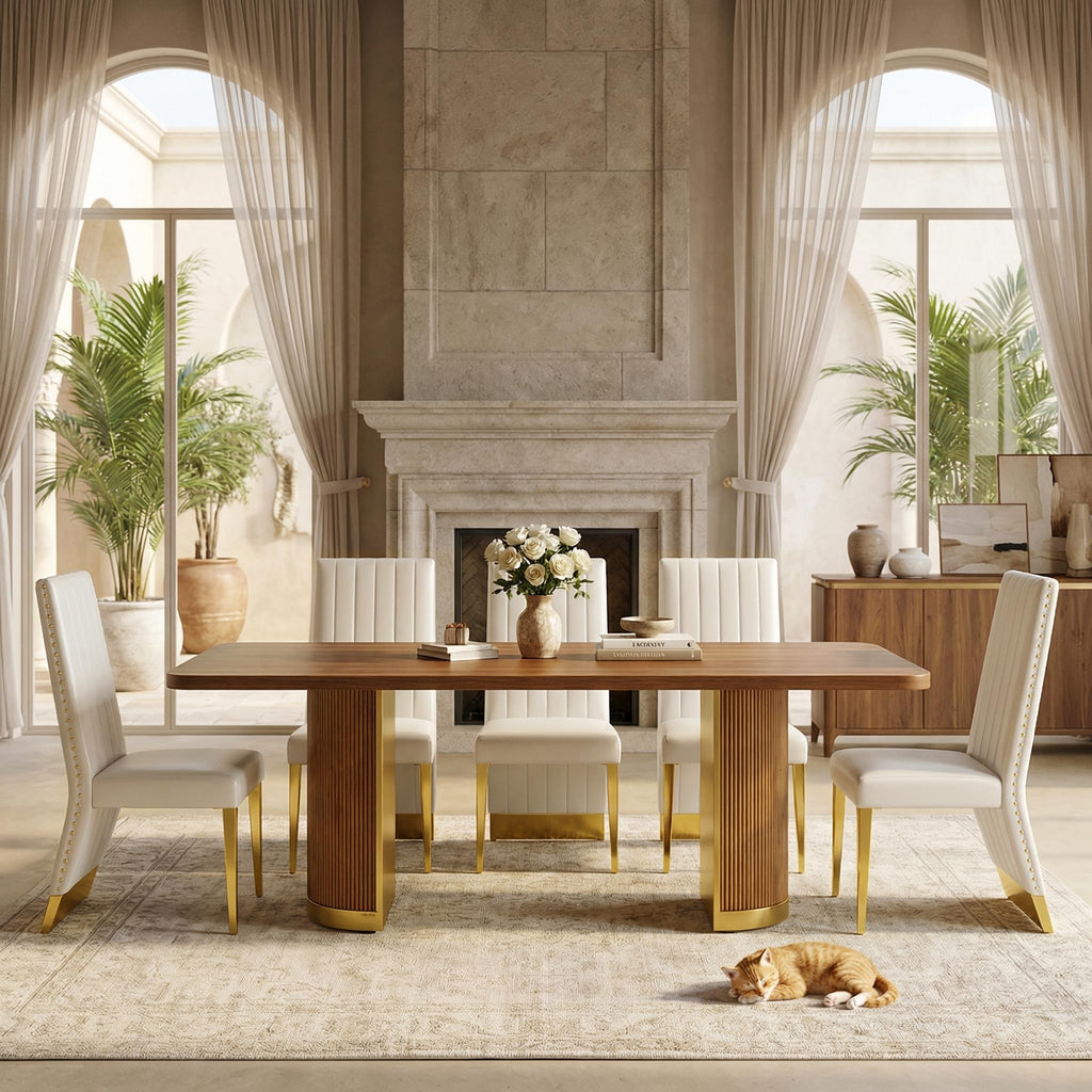 78" Walnut Dining Table Set with White Leather Chairs for 8 T550