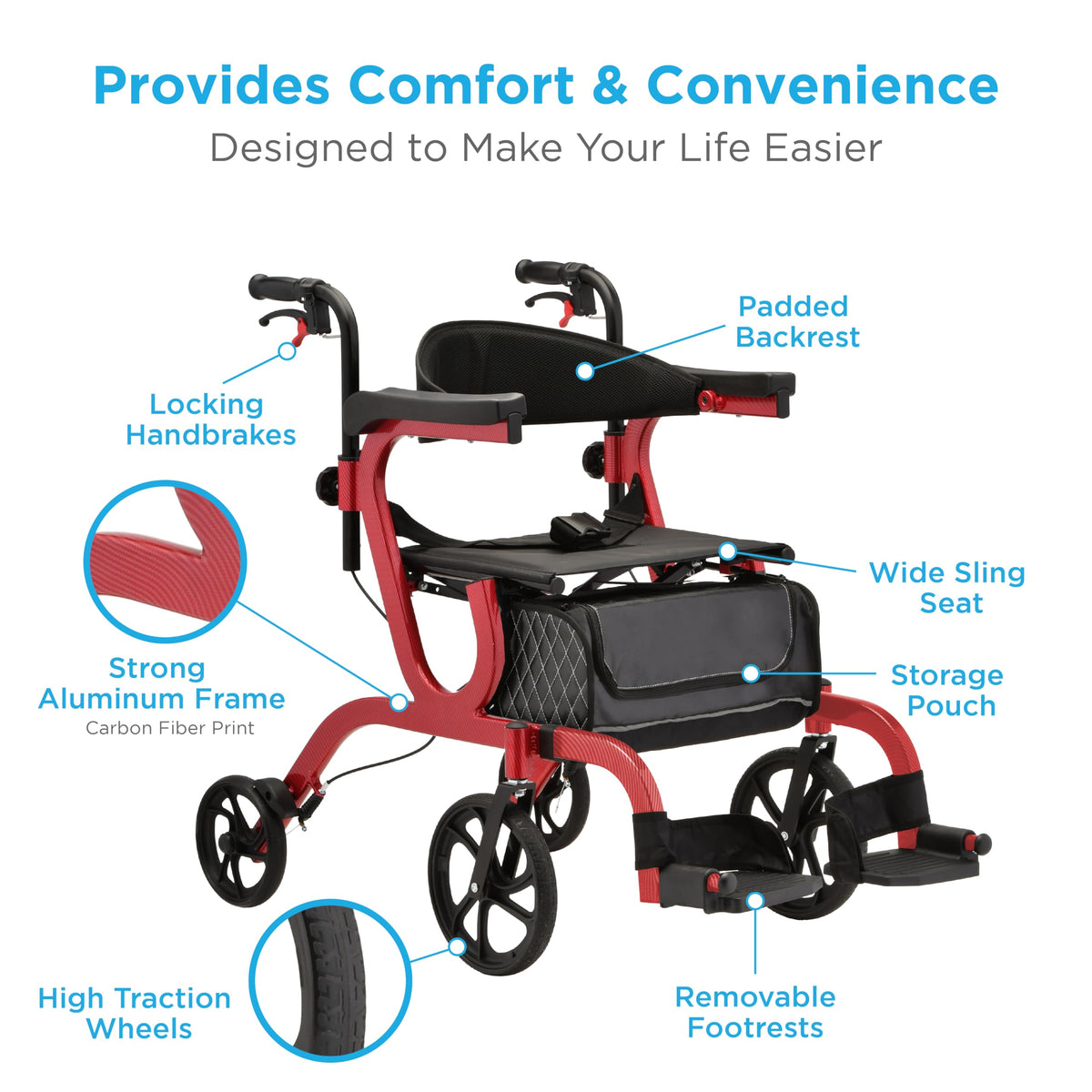 2-in-1 Folding Rollator Walker & Transport Chair with 10” Front Wheels P776586