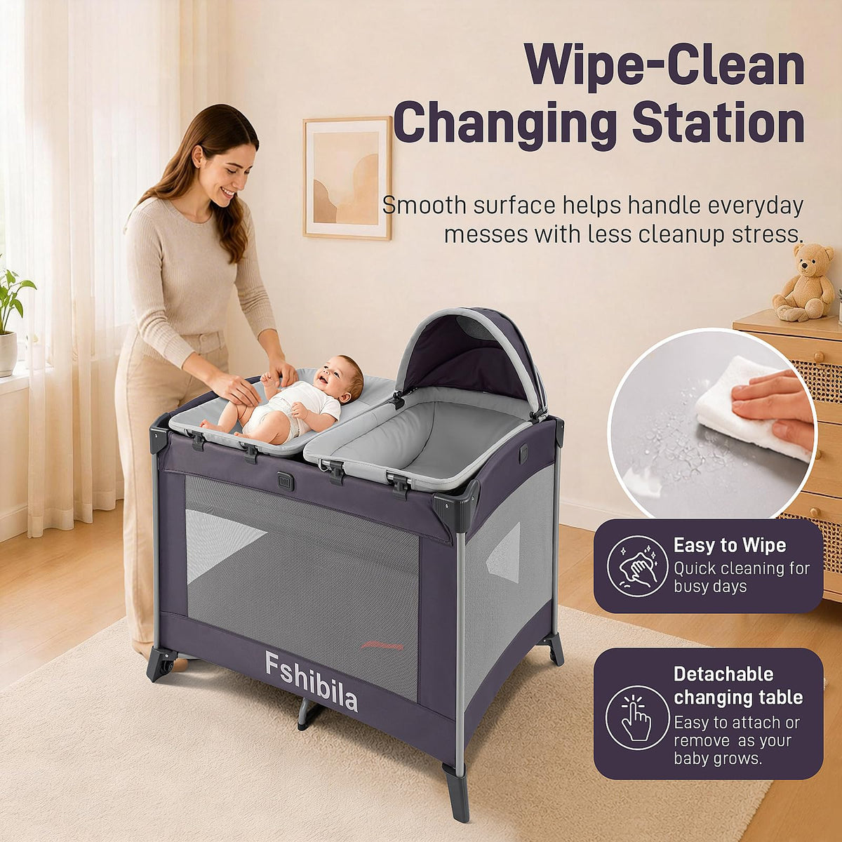 4-in-1 Portable Baby Playard with Bassinet and Changing Table, Black Y111