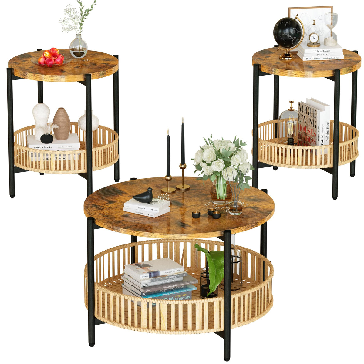 3 Pieces 2 Tier Round Rattan Coffee Table Set with Metal Frame G669