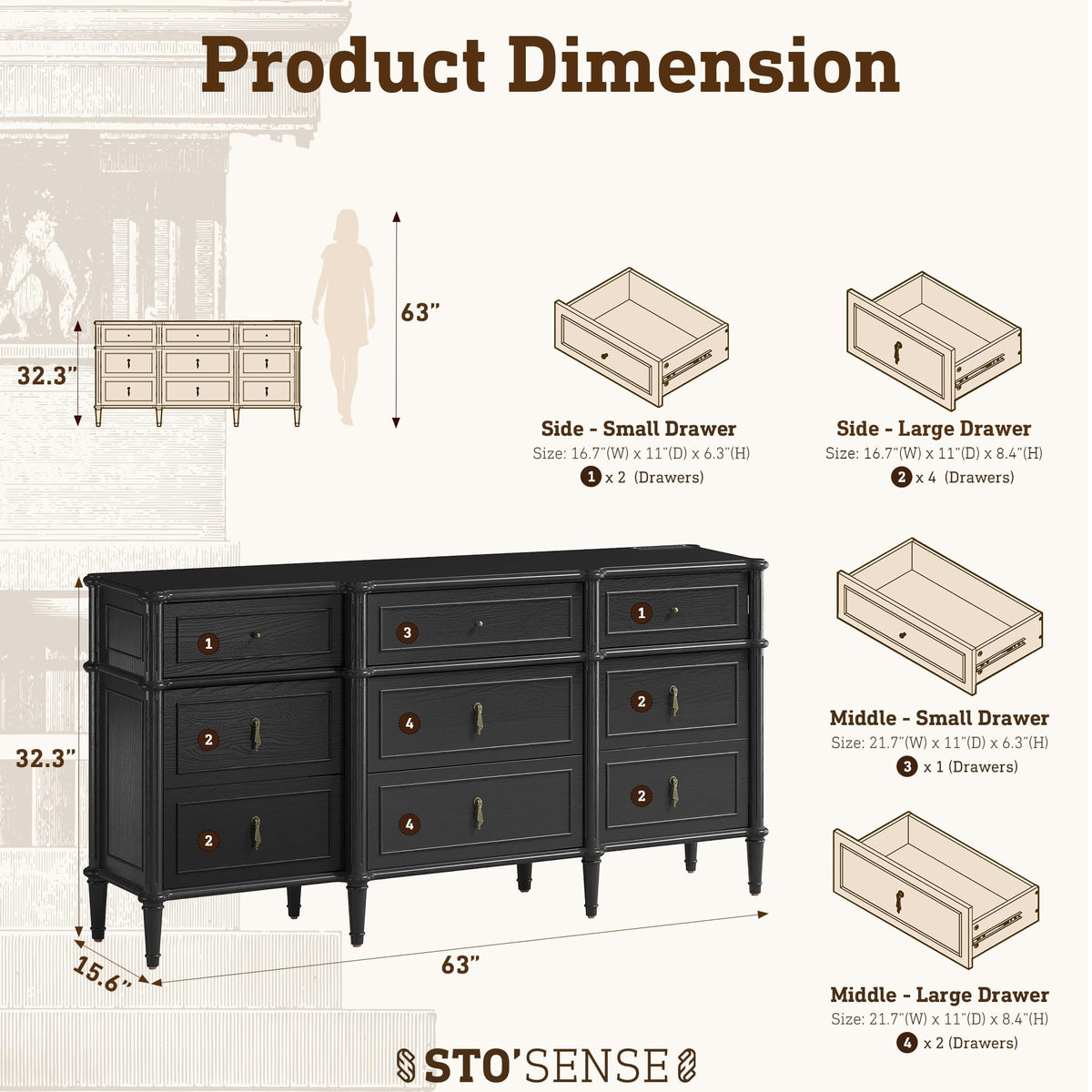 63" 9-Drawer Wood Dresser with Power Outlet, Black M7484