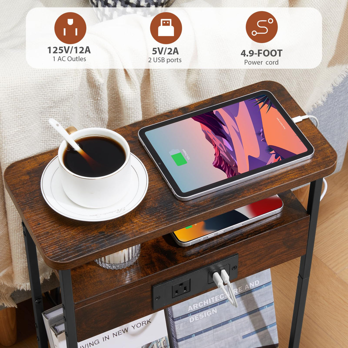 Narrow Side Table with Charging Station R865