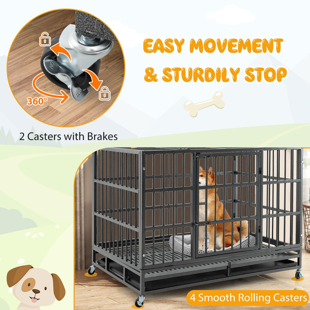48 Inch Heavy-Duty Metal Dog Crate with Lockable Wheels N29307