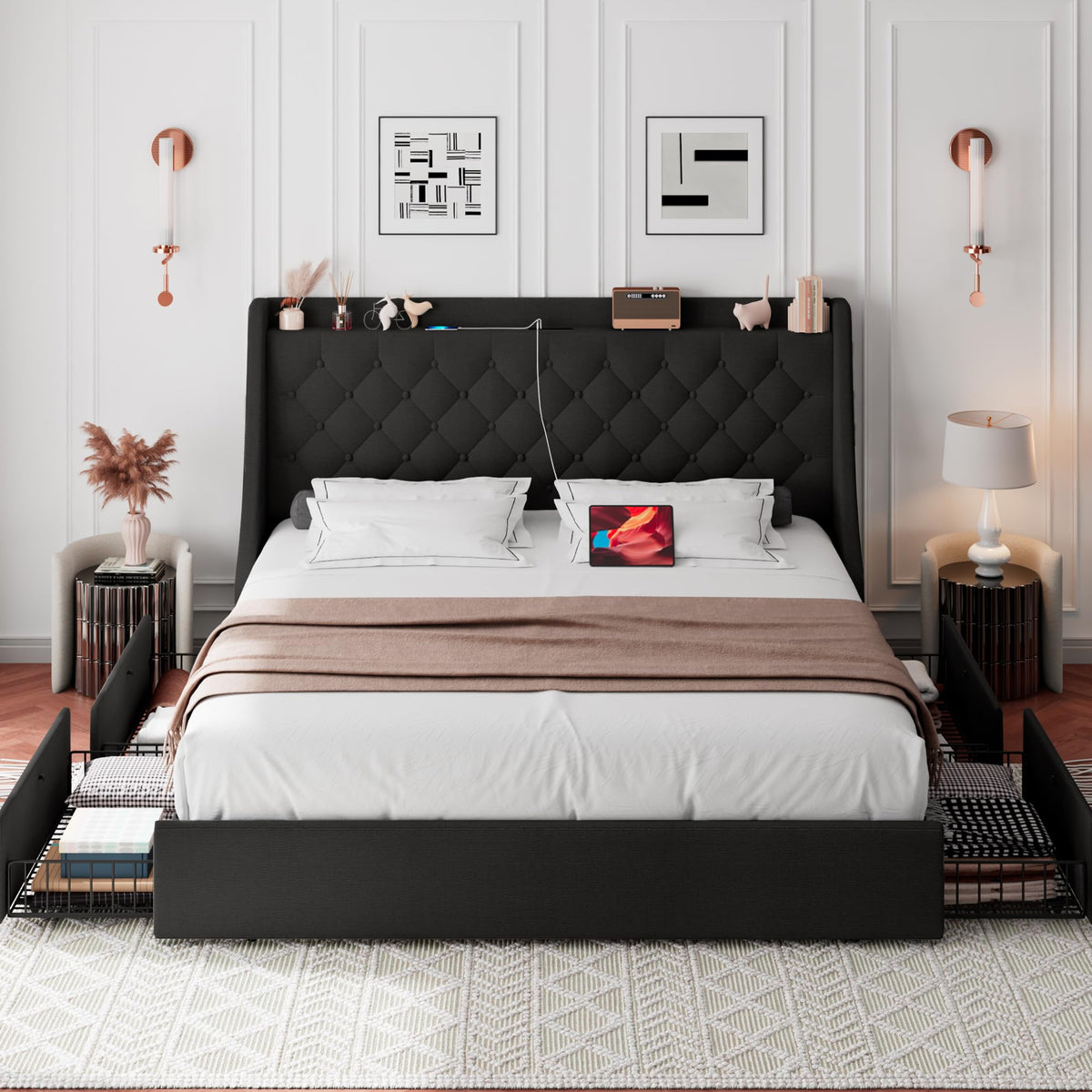 Black Queen Upholstered Platform Bed Frame with 4 Storage Drawers R30910